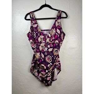 Lands End Floral One Piece Swimsuit 18L Purple Resortwear Vacation Cruise Beach